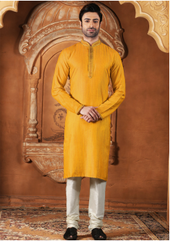 Yellow Color Jute Jacquard And Poly Fabric Kurta Set